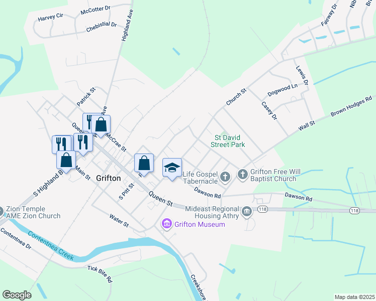 map of restaurants, bars, coffee shops, grocery stores, and more near 516 Stokes Lane in Grifton