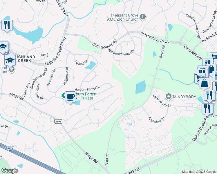 map of restaurants, bars, coffee shops, grocery stores, and more near 6717 Allness Glen Lane in Charlotte