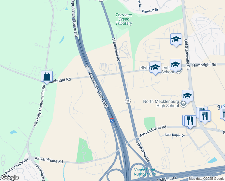 map of restaurants, bars, coffee shops, grocery stores, and more near 11209 Statesville Road in Huntersville