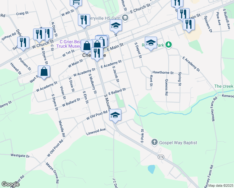 map of restaurants, bars, coffee shops, grocery stores, and more near 110 East Ballard Street in Cherryville