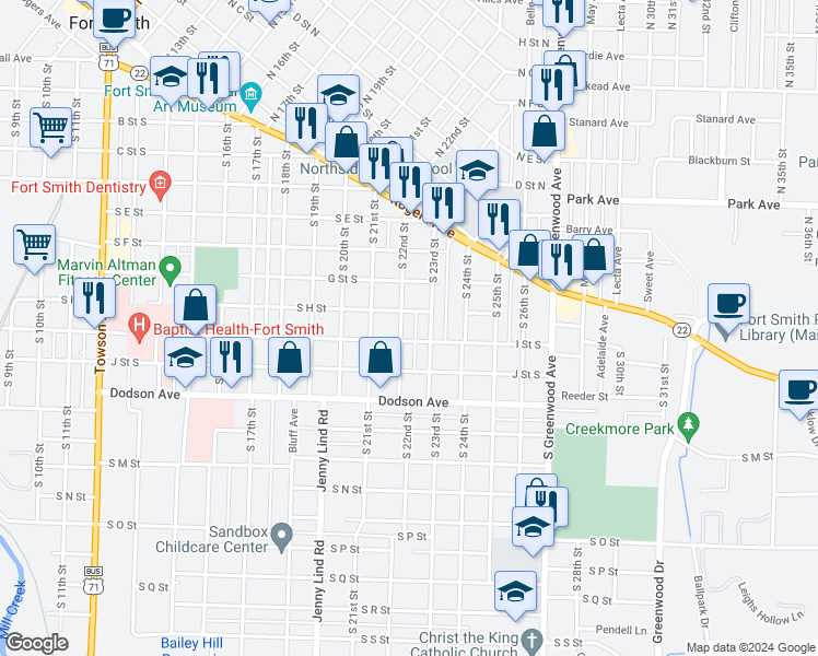 map of restaurants, bars, coffee shops, grocery stores, and more near 918 South 23rd Street in Fort Smith