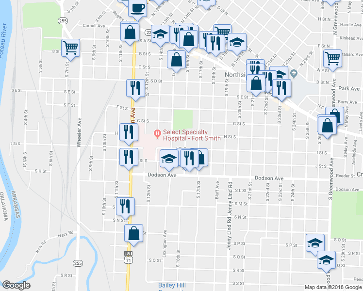 map of restaurants, bars, coffee shops, grocery stores, and more near 923 Lexington Avenue in Fort Smith