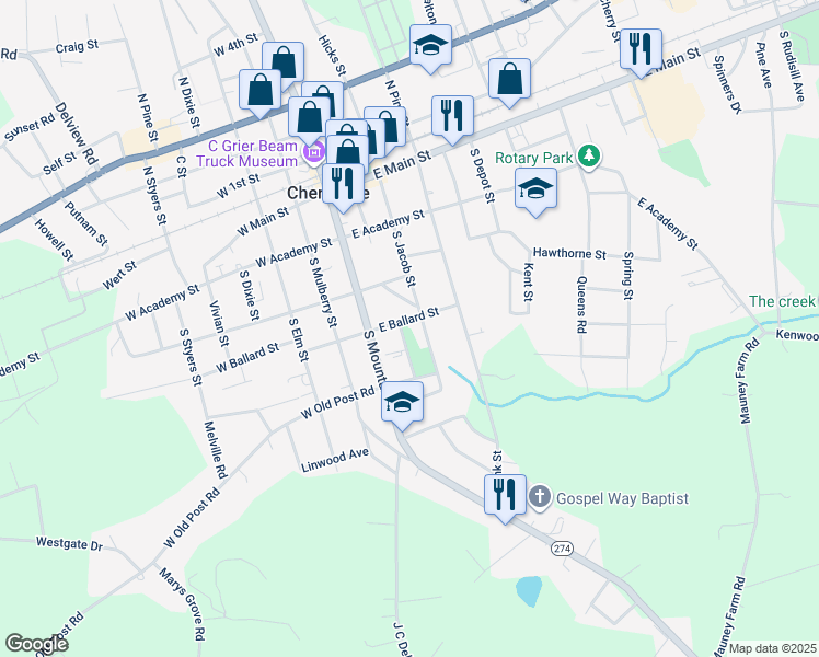 map of restaurants, bars, coffee shops, grocery stores, and more near 110 East Ballard Street in Cherryville