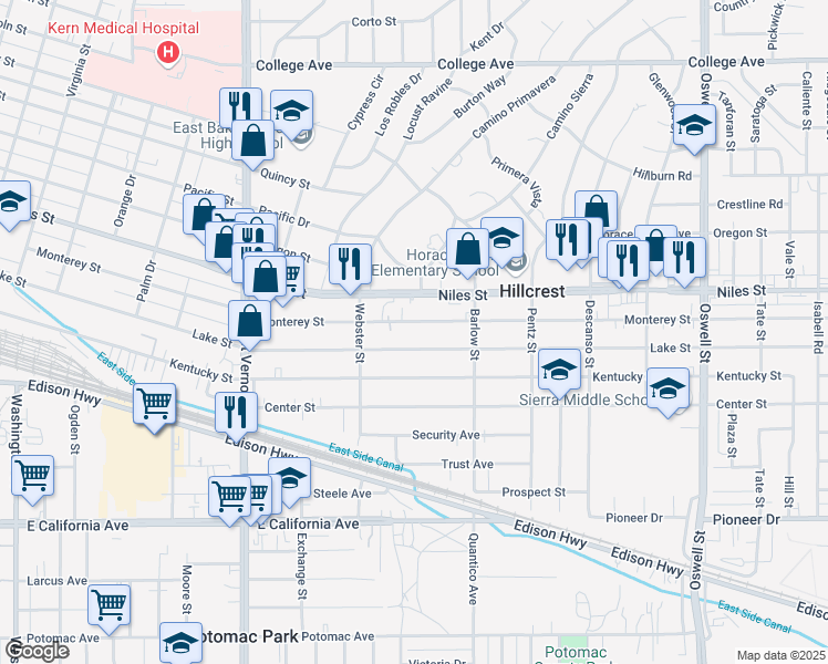 map of restaurants, bars, coffee shops, grocery stores, and more near 2529 Monterey Street in Bakersfield