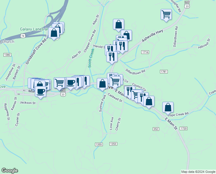 map of restaurants, bars, coffee shops, grocery stores, and more near in Sylva
