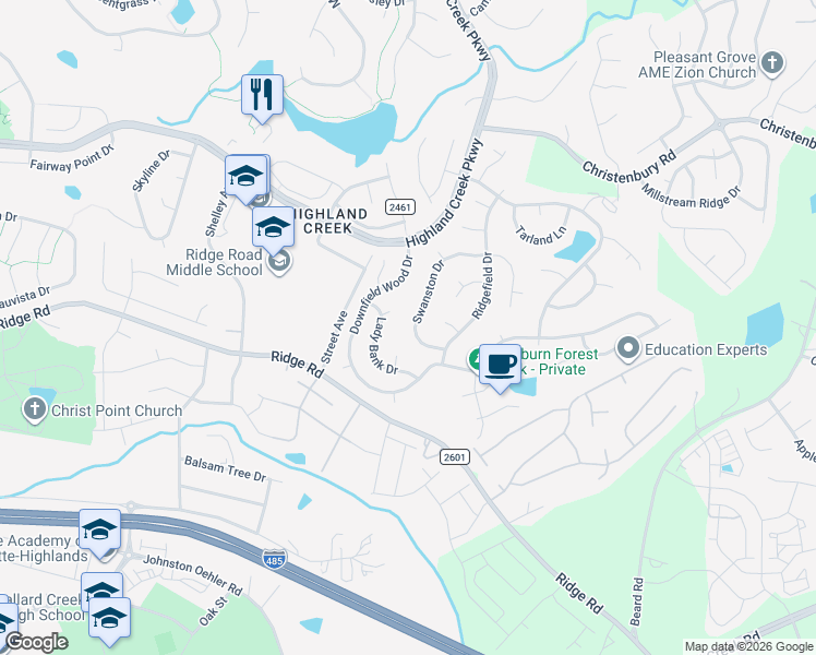 map of restaurants, bars, coffee shops, grocery stores, and more near 5701 Swanston Drive in Charlotte