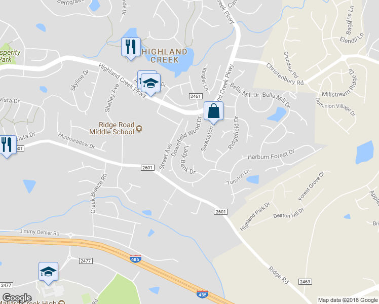 map of restaurants, bars, coffee shops, grocery stores, and more near 7517 Lady Bank Drive in Charlotte