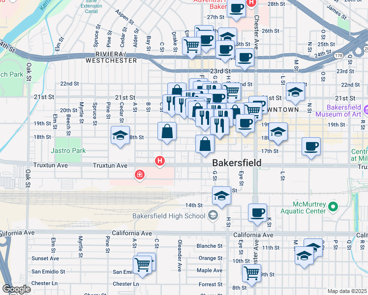 map of restaurants, bars, coffee shops, grocery stores, and more near 2020 17th Street in Bakersfield