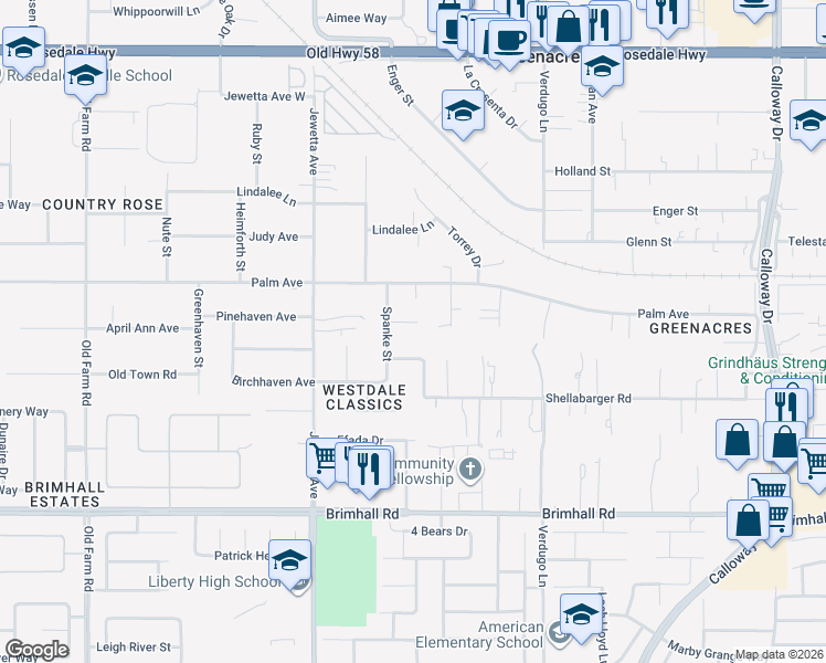 map of restaurants, bars, coffee shops, grocery stores, and more near 10905 Melocoton Court in Bakersfield