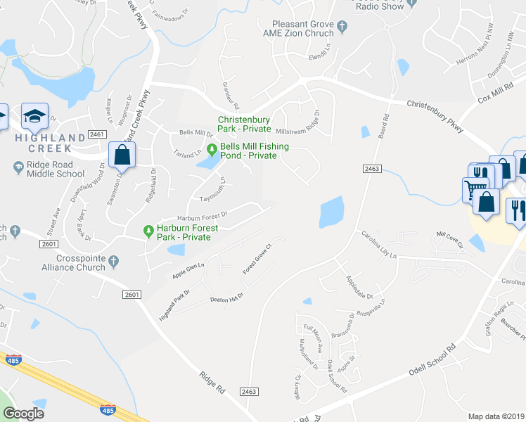 map of restaurants, bars, coffee shops, grocery stores, and more near 9212 Harburn Forest Drive in Charlotte