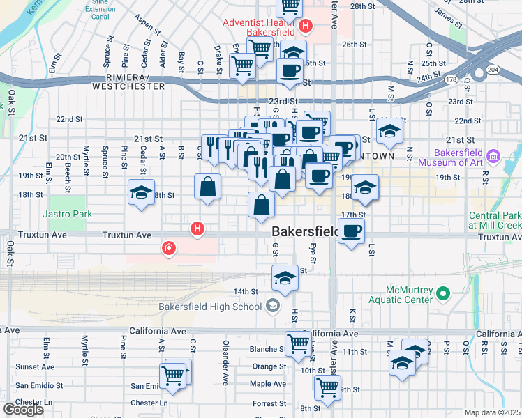 map of restaurants, bars, coffee shops, grocery stores, and more near 1710 F Street in Bakersfield