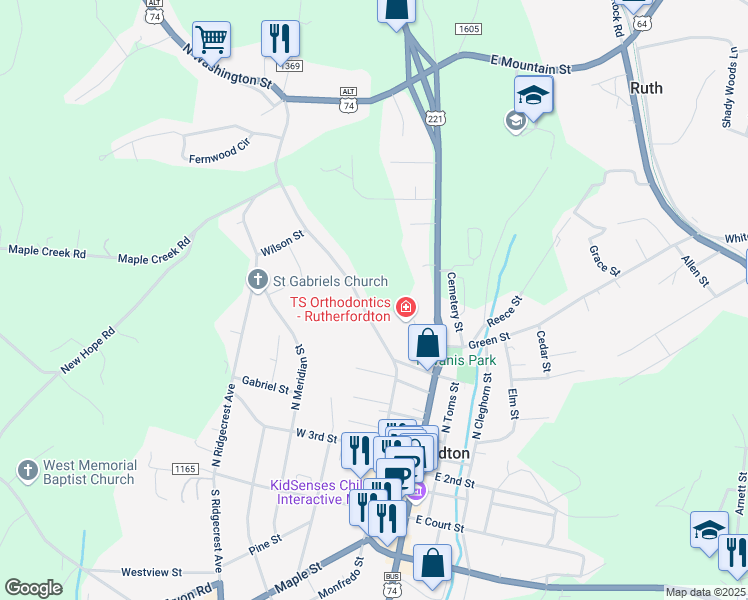 map of restaurants, bars, coffee shops, grocery stores, and more near 364 North Washington Street in Rutherfordton