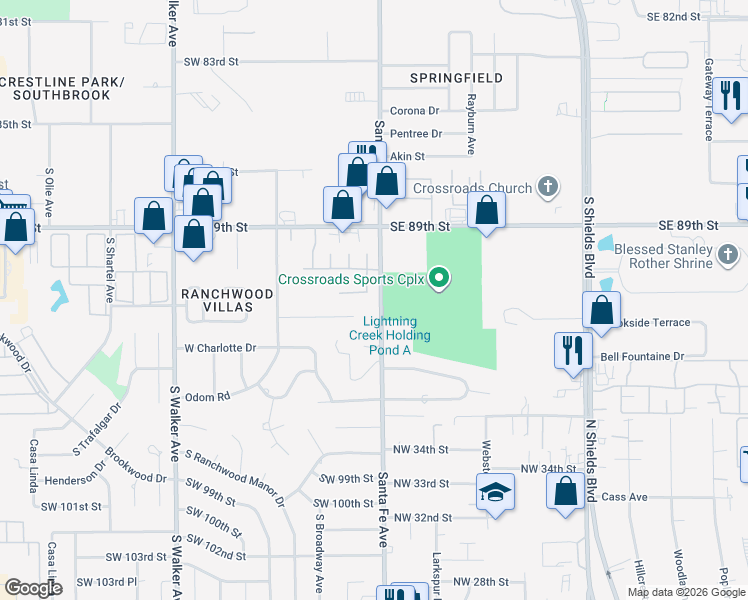 map of restaurants, bars, coffee shops, grocery stores, and more near 4 Southwest 92nd Place in Oklahoma City