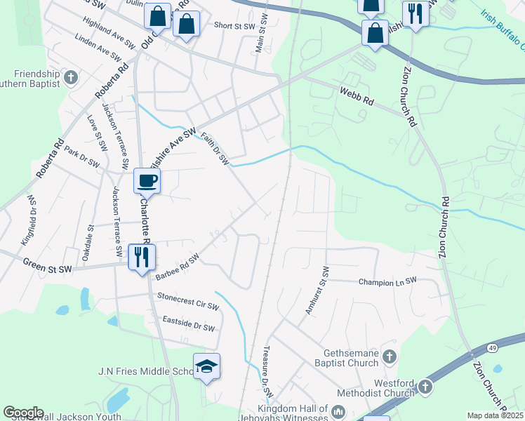 map of restaurants, bars, coffee shops, grocery stores, and more near 658 Faith Drive Southwest in Concord