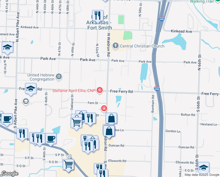 map of restaurants, bars, coffee shops, grocery stores, and more near 5401 Free Ferry Road in Fort Smith