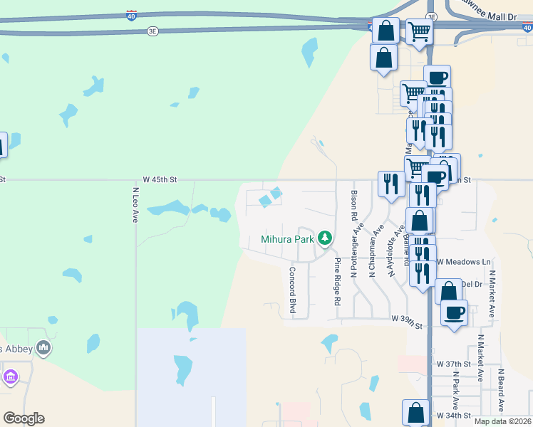 map of restaurants, bars, coffee shops, grocery stores, and more near 22 Tawana Drive in Shawnee