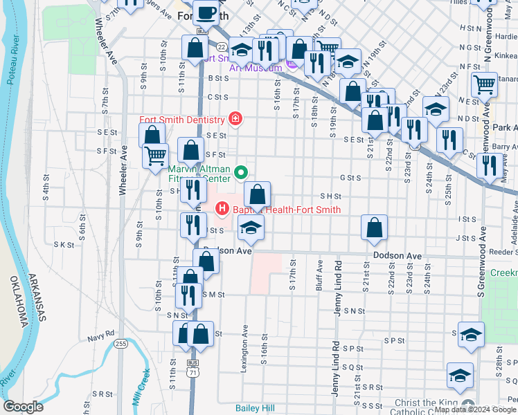 map of restaurants, bars, coffee shops, grocery stores, and more near 923 Lexington Avenue in Fort Smith