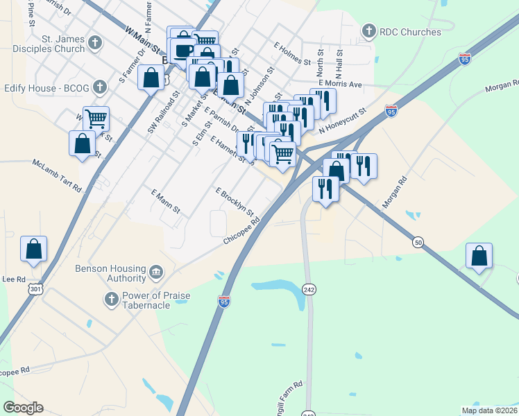 map of restaurants, bars, coffee shops, grocery stores, and more near 308 Chicopee Road in Benson