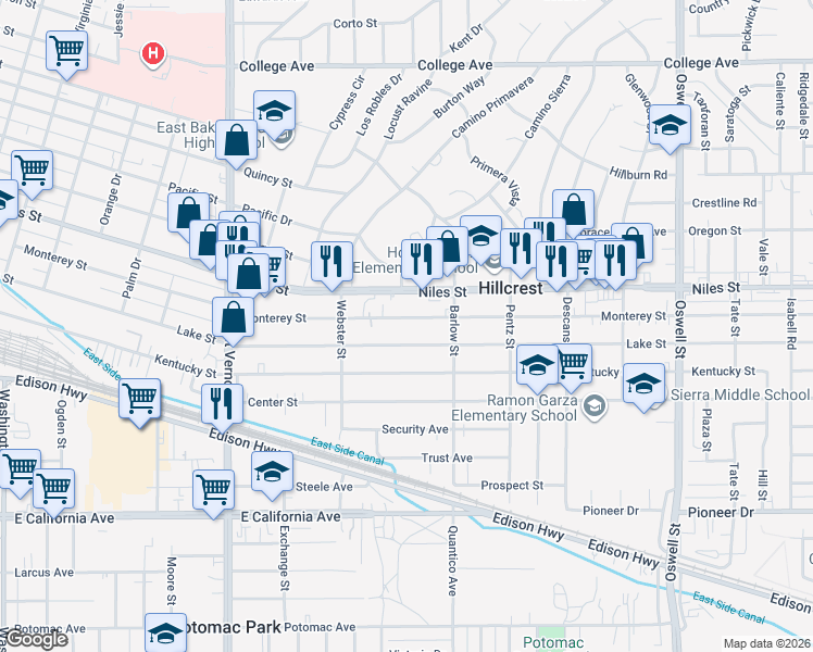 map of restaurants, bars, coffee shops, grocery stores, and more near 2633 Monterey Street in Bakersfield