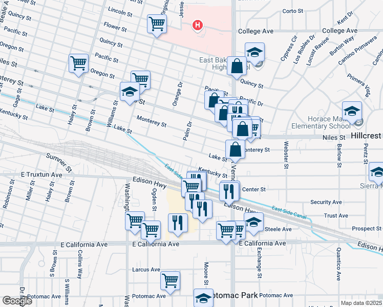 map of restaurants, bars, coffee shops, grocery stores, and more near 2005 Lake Street in Bakersfield