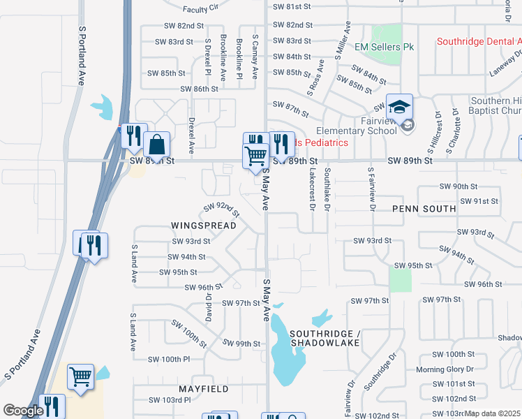 map of restaurants, bars, coffee shops, grocery stores, and more near 9128 Wingspread Drive in Oklahoma City