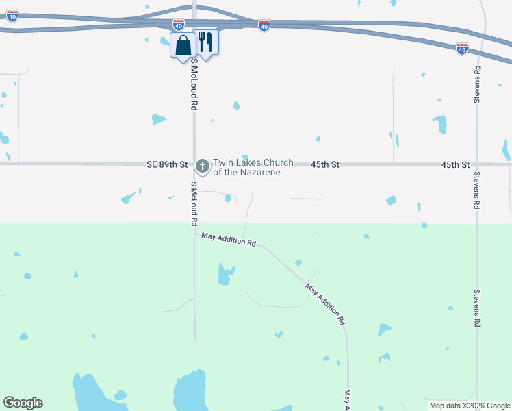 map of restaurants, bars, coffee shops, grocery stores, and more near 107 Kale Lane in McLoud