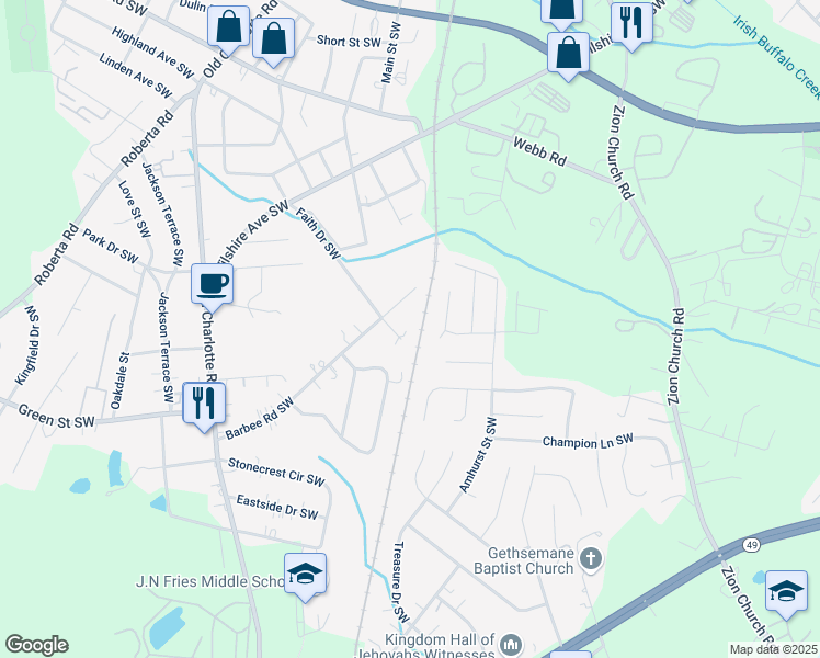 map of restaurants, bars, coffee shops, grocery stores, and more near 657 Faith Drive Southwest in Concord