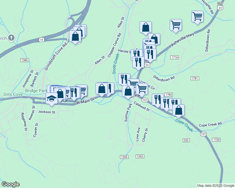 map of restaurants, bars, coffee shops, grocery stores, and more near 141 West Main Street in Sylva