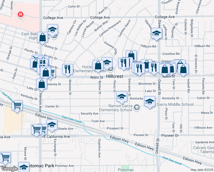 map of restaurants, bars, coffee shops, grocery stores, and more near 2720 Lake Street in Bakersfield