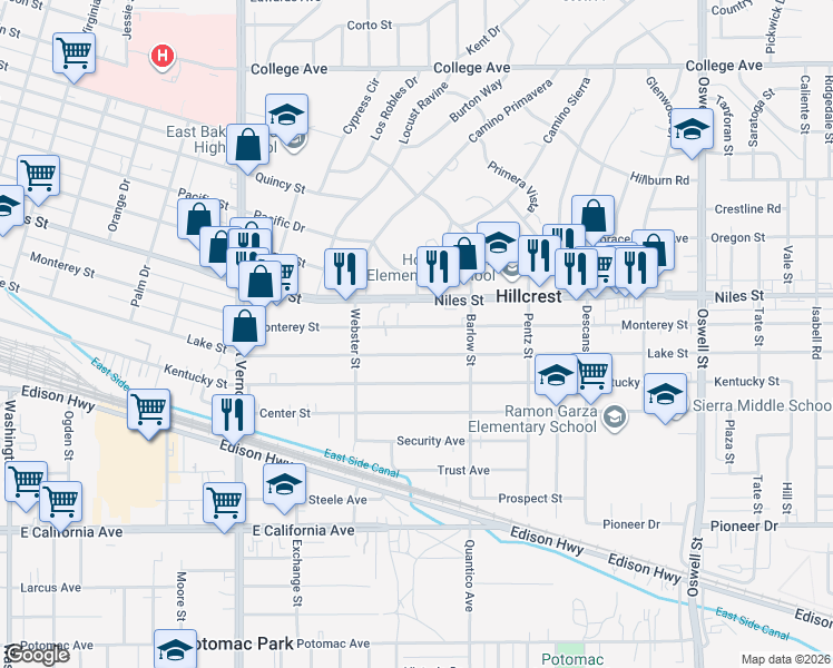 map of restaurants, bars, coffee shops, grocery stores, and more near 2633 Monterey Street in Bakersfield