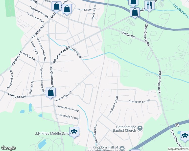 map of restaurants, bars, coffee shops, grocery stores, and more near 658 Faith Drive Southwest in Concord