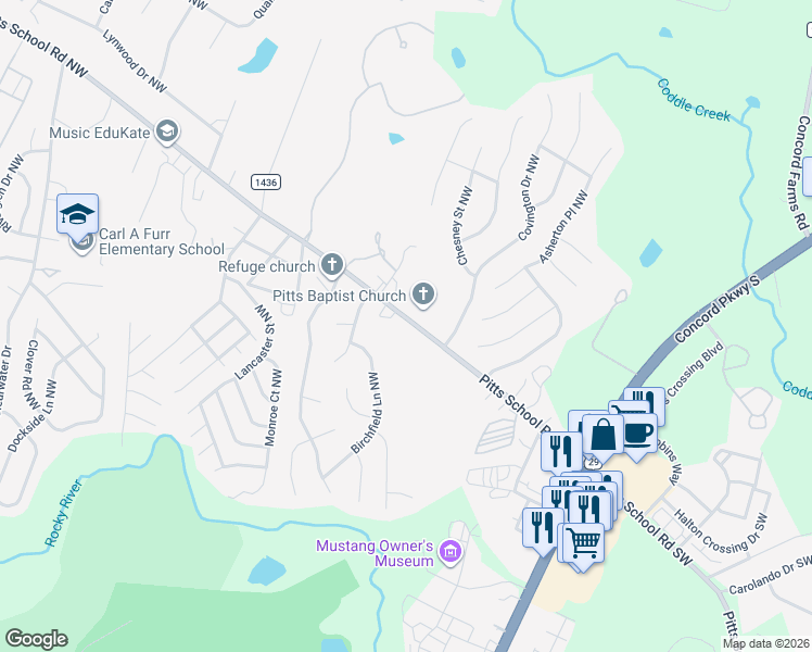 map of restaurants, bars, coffee shops, grocery stores, and more near 163 Pitts School Road Northwest in Concord