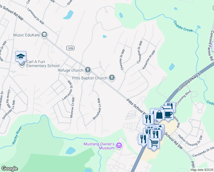 map of restaurants, bars, coffee shops, grocery stores, and more near 163 Pitts School Road Northwest in Concord