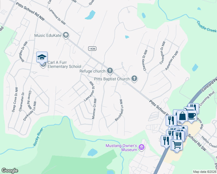 map of restaurants, bars, coffee shops, grocery stores, and more near 2841 Ridge Crossing Court Northwest in Concord