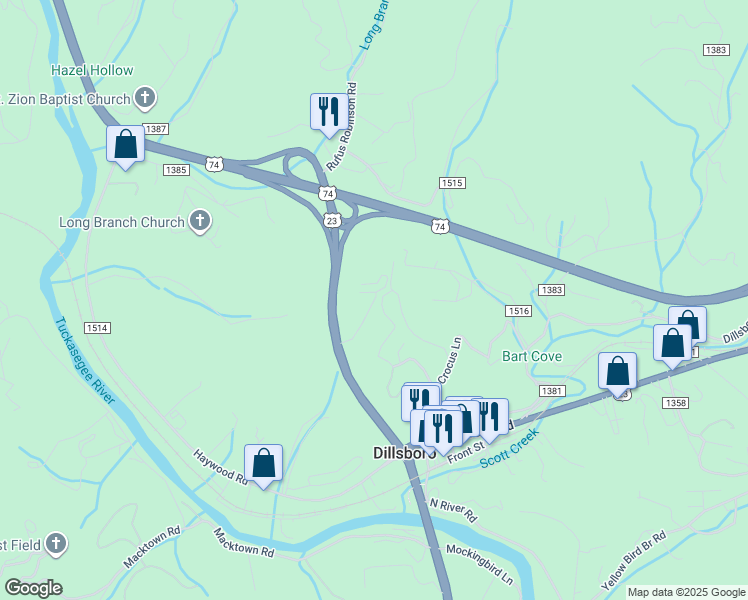 map of restaurants, bars, coffee shops, grocery stores, and more near 8D Dillsboro Road in Sylva