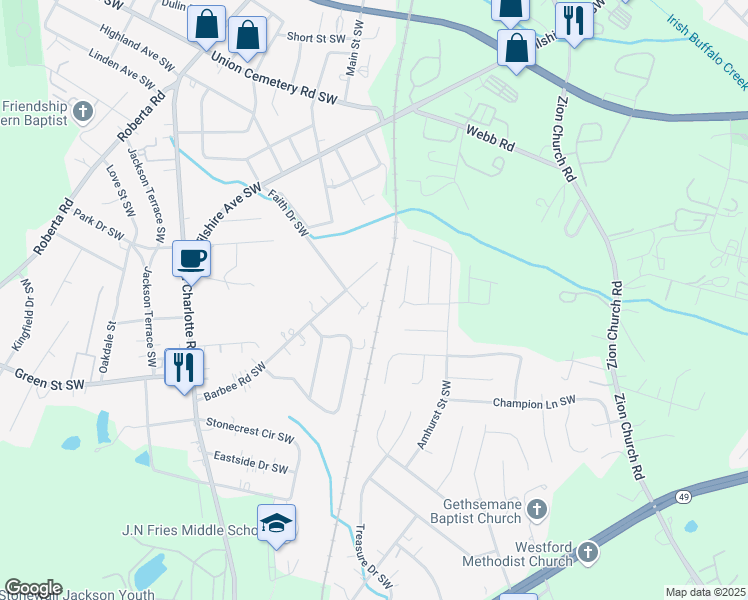 map of restaurants, bars, coffee shops, grocery stores, and more near 659 Faith Drive Southwest in Concord