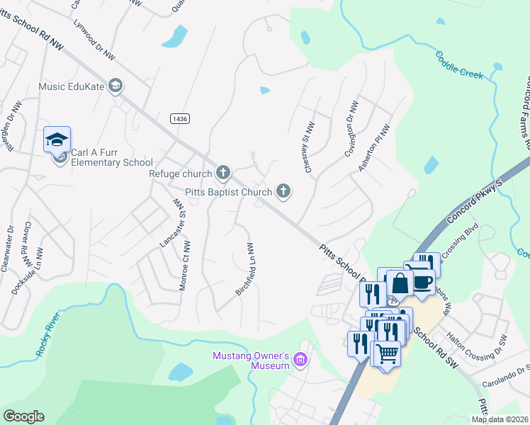 map of restaurants, bars, coffee shops, grocery stores, and more near 163 Pitts School Rd NW in Concord