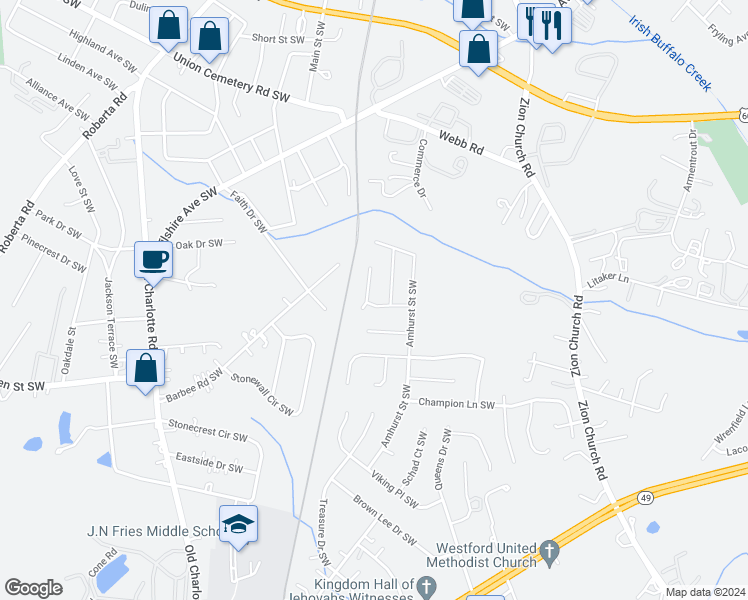 map of restaurants, bars, coffee shops, grocery stores, and more near 518 Railway Place Southwest in Concord
