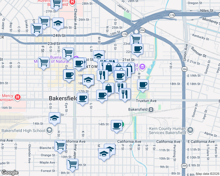 map of restaurants, bars, coffee shops, grocery stores, and more near 1001 18th Street in Bakersfield