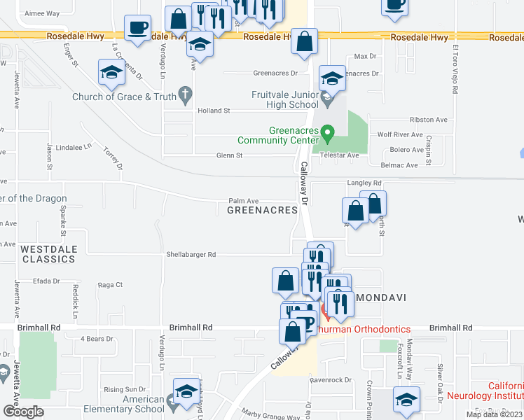 map of restaurants, bars, coffee shops, grocery stores, and more near in Bakersfield