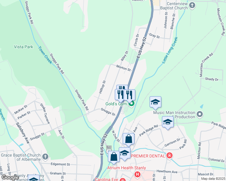 map of restaurants, bars, coffee shops, grocery stores, and more near 1462 Riley Street in Albemarle