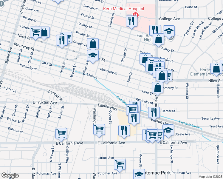 map of restaurants, bars, coffee shops, grocery stores, and more near 1822 Kentucky Street in Bakersfield