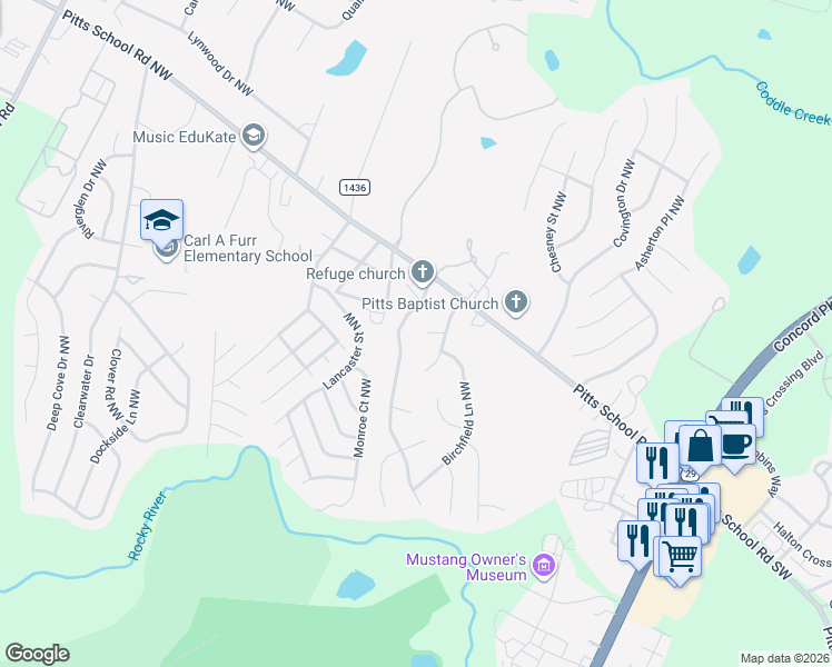 map of restaurants, bars, coffee shops, grocery stores, and more near 2841 Ridge Crossing Court Northwest in Concord