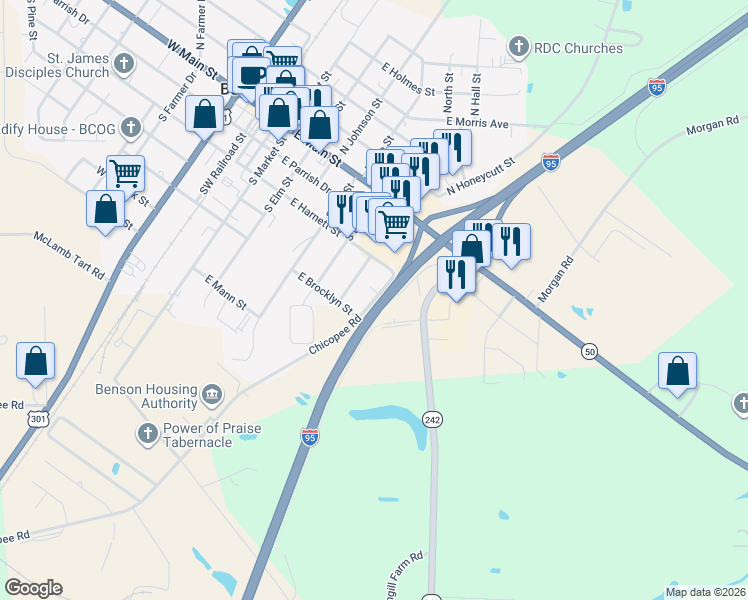 map of restaurants, bars, coffee shops, grocery stores, and more near 308 Chicopee Road in Benson