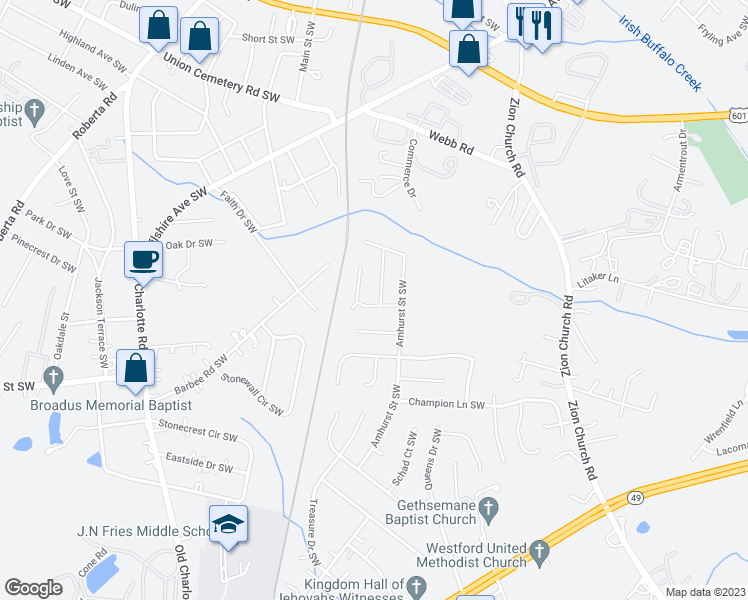 map of restaurants, bars, coffee shops, grocery stores, and more near 501 Pullman Street Southwest in Concord
