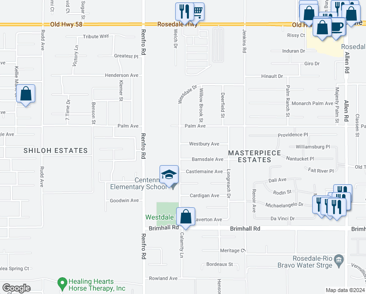 map of restaurants, bars, coffee shops, grocery stores, and more near 14113 Westbury Avenue in Bakersfield