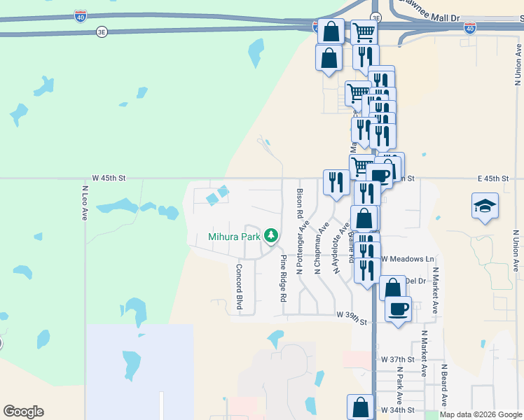 map of restaurants, bars, coffee shops, grocery stores, and more near 3 Rock Hollow in Shawnee