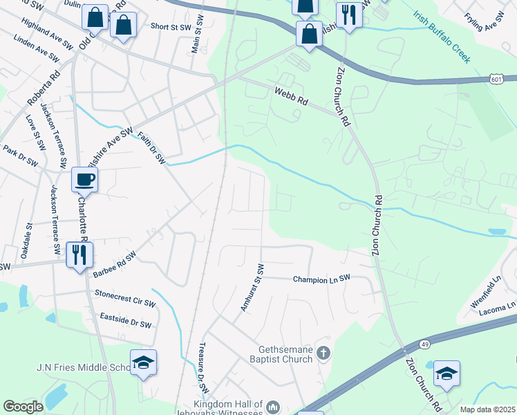 map of restaurants, bars, coffee shops, grocery stores, and more near 503 Amhurst Street Southwest in Concord