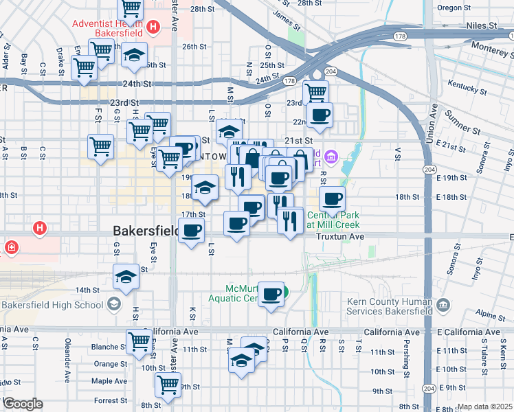 map of restaurants, bars, coffee shops, grocery stores, and more near 1000 17th Street in Bakersfield