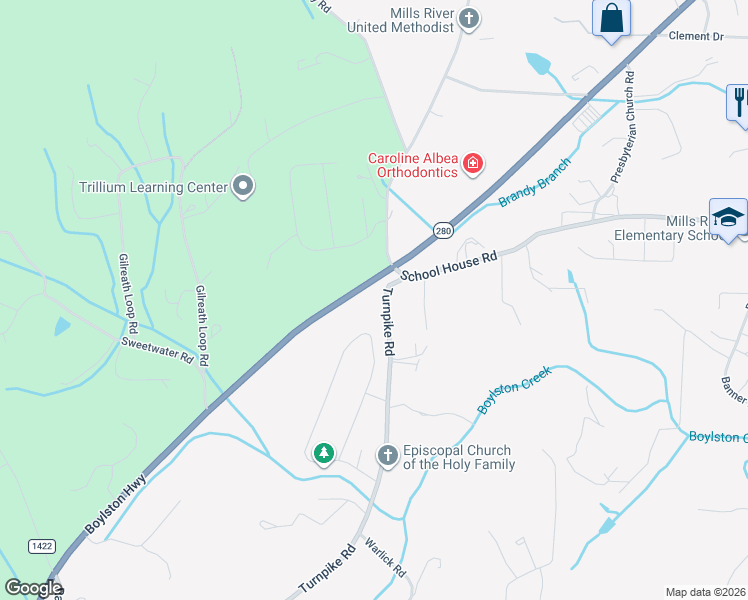map of restaurants, bars, coffee shops, grocery stores, and more near 320 Turnpike Road in Mills River